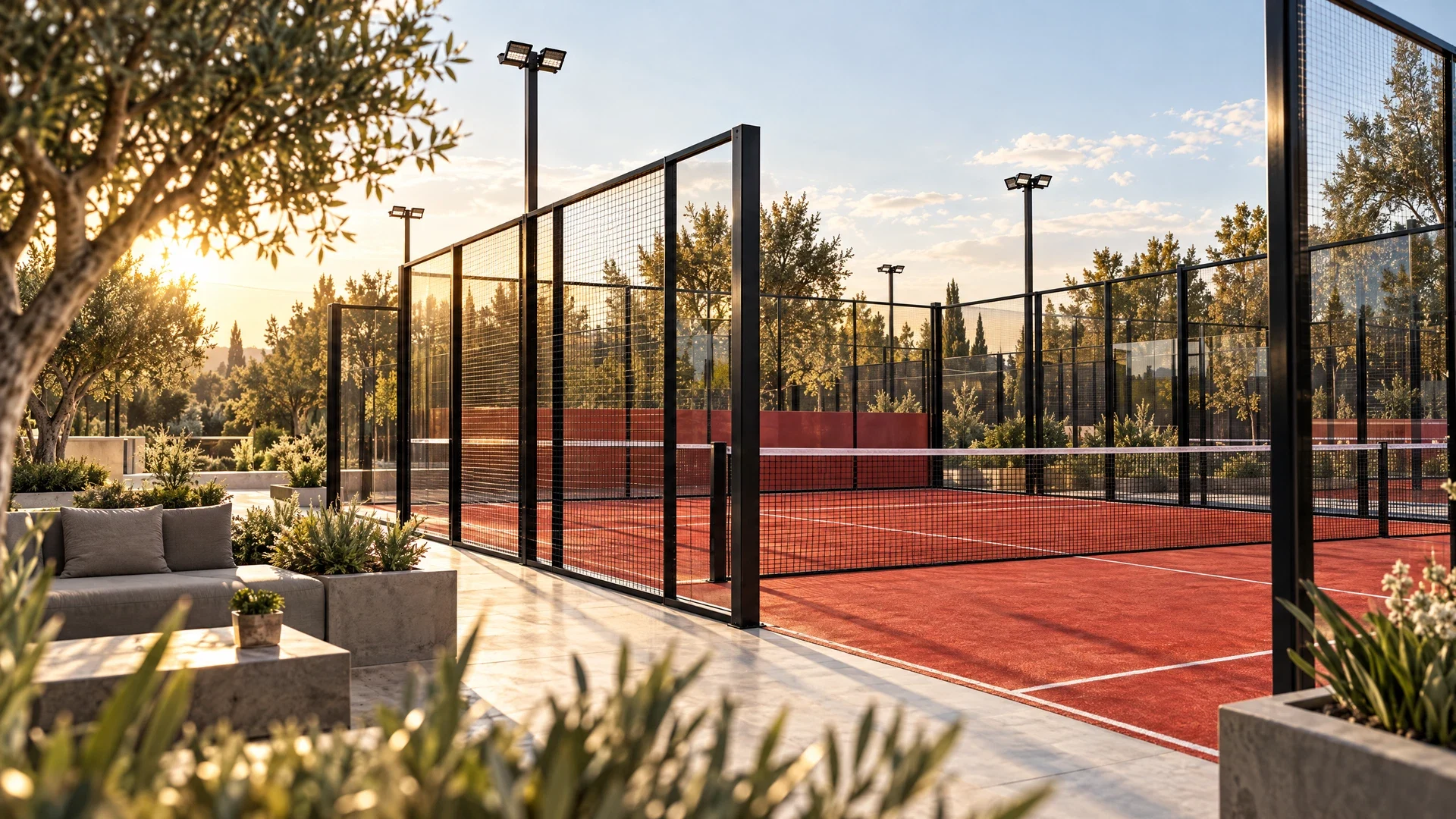 Ilustrativni pogled na crvene padel terene i crnu konstrukciju